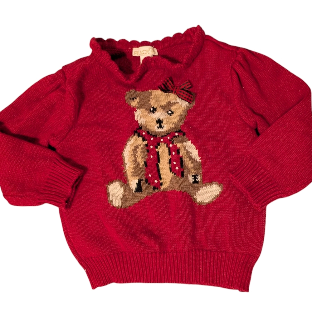 Y2K Infant Girl Children Place Teddy Bear Bow Red Knit Cotton Sweater